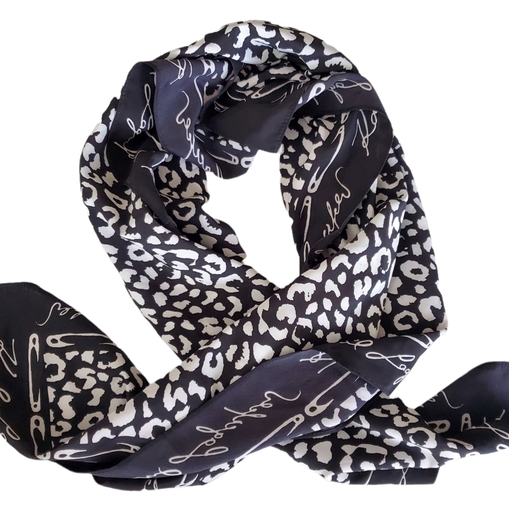 Karl Lagerfeld Animal Print square Black White Scarf Fun leopard safety pins